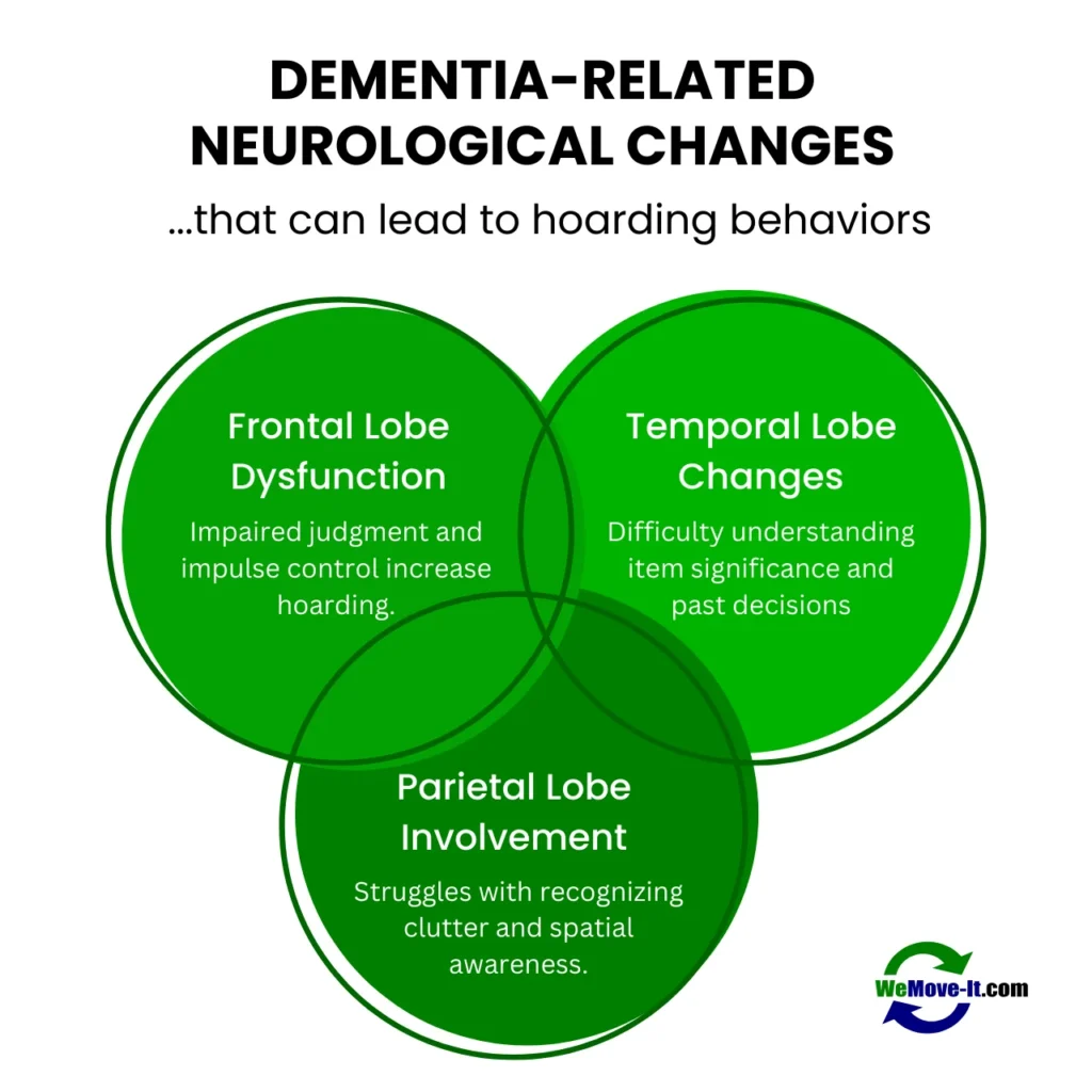 Venn diagram showing dementia-related neurological changes contributing to hoarding: frontal lobe dysfunction, temporal lobe changes, and parietal lobe involvement.