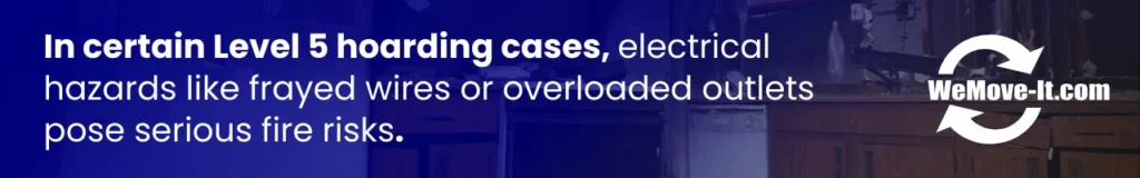 There are potential fire risks in severe hoarding situations due to electrical hazards like frayed wires and overloaded outlets.