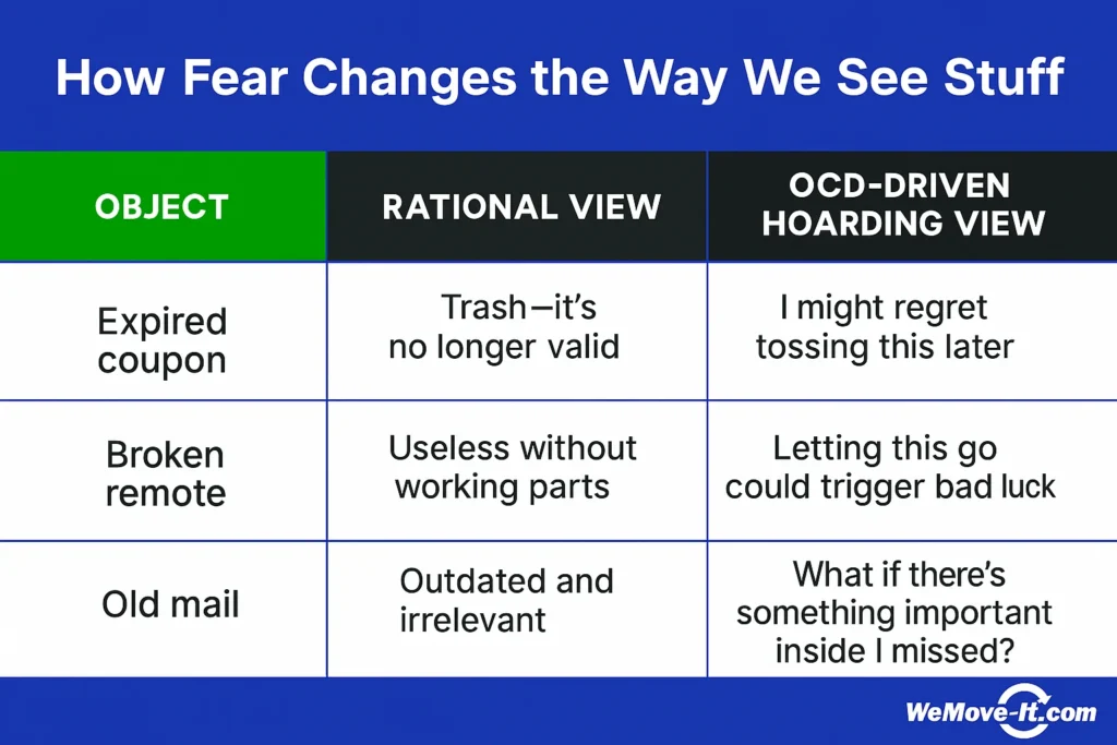 Table showing how ocd and hoarding distort everyday decisions through fear, anxiety, and obsessive thinking.