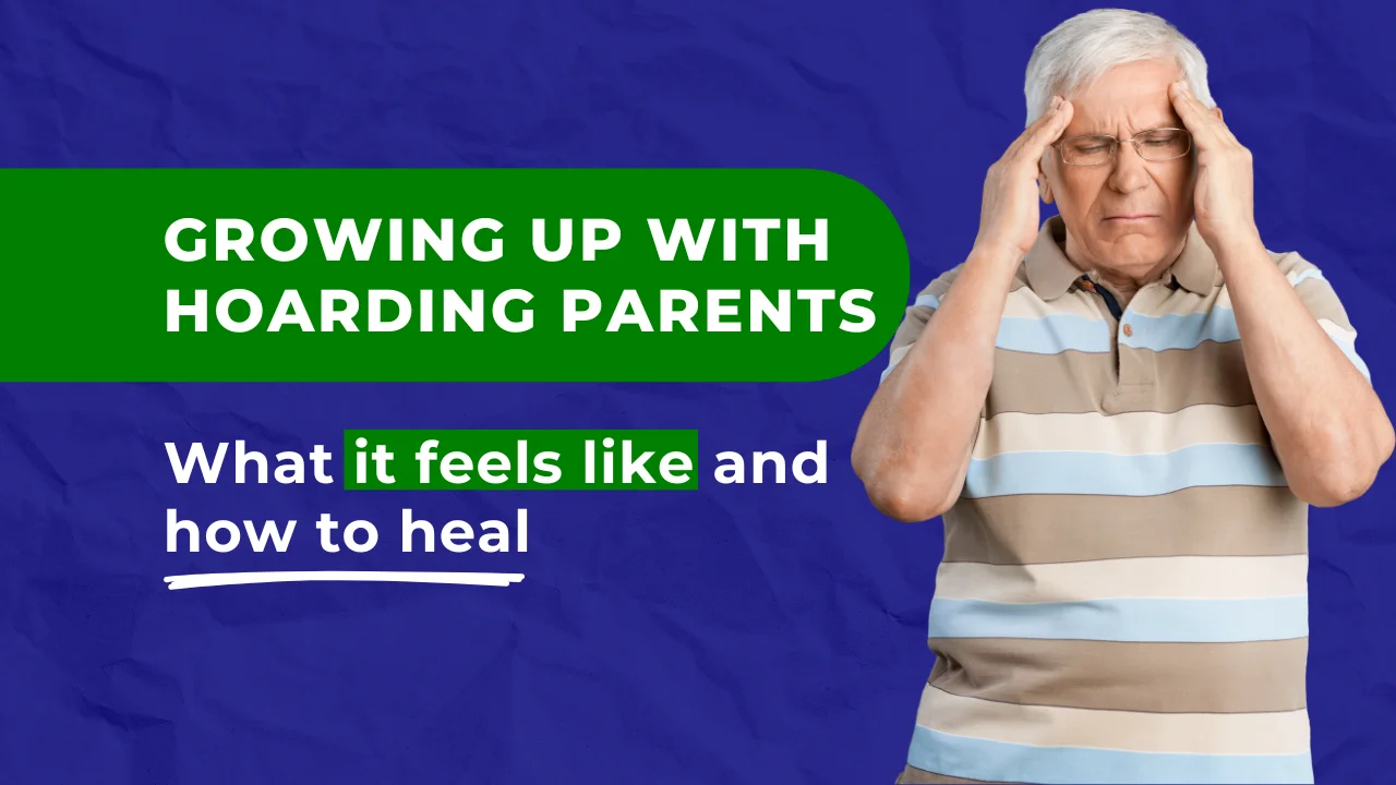 Visual header showing an older man holding his head in distress, representing the emotional weight of growing up with a hoarding parent and the long-term impact of hoarded environments.